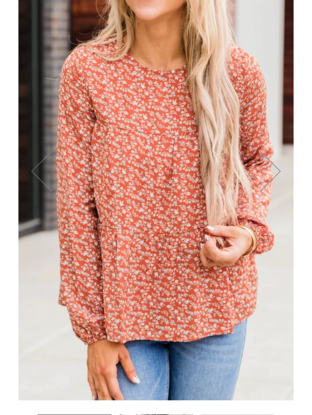 Pink Lily Floral Peasant Blouse - Rust Size Large